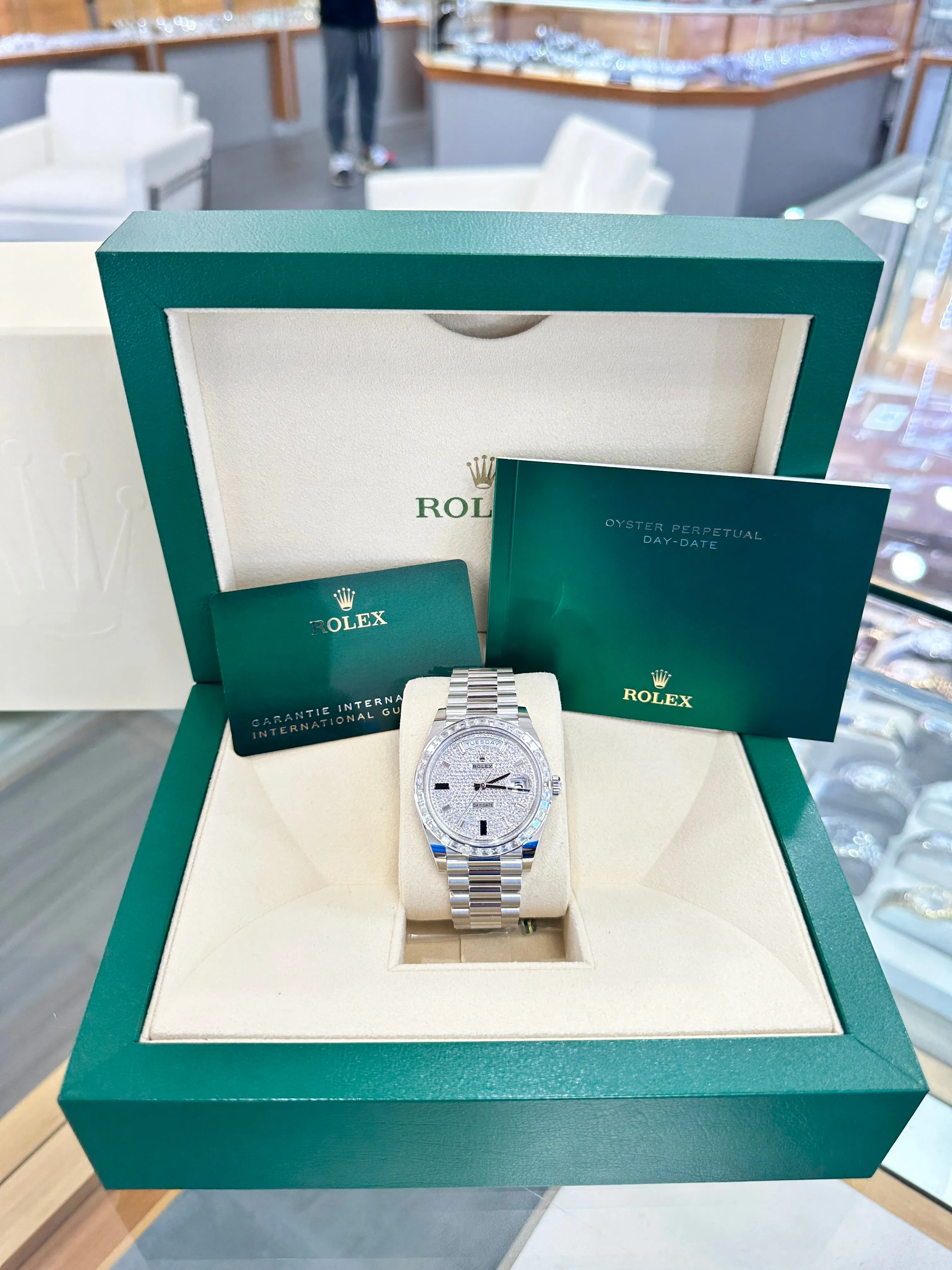 Rolex Platinum Day-Date 40 228396TBR Factory Paved Diamond Sapphire Dial Baguette Diamond Bezel Box/Papers MINT