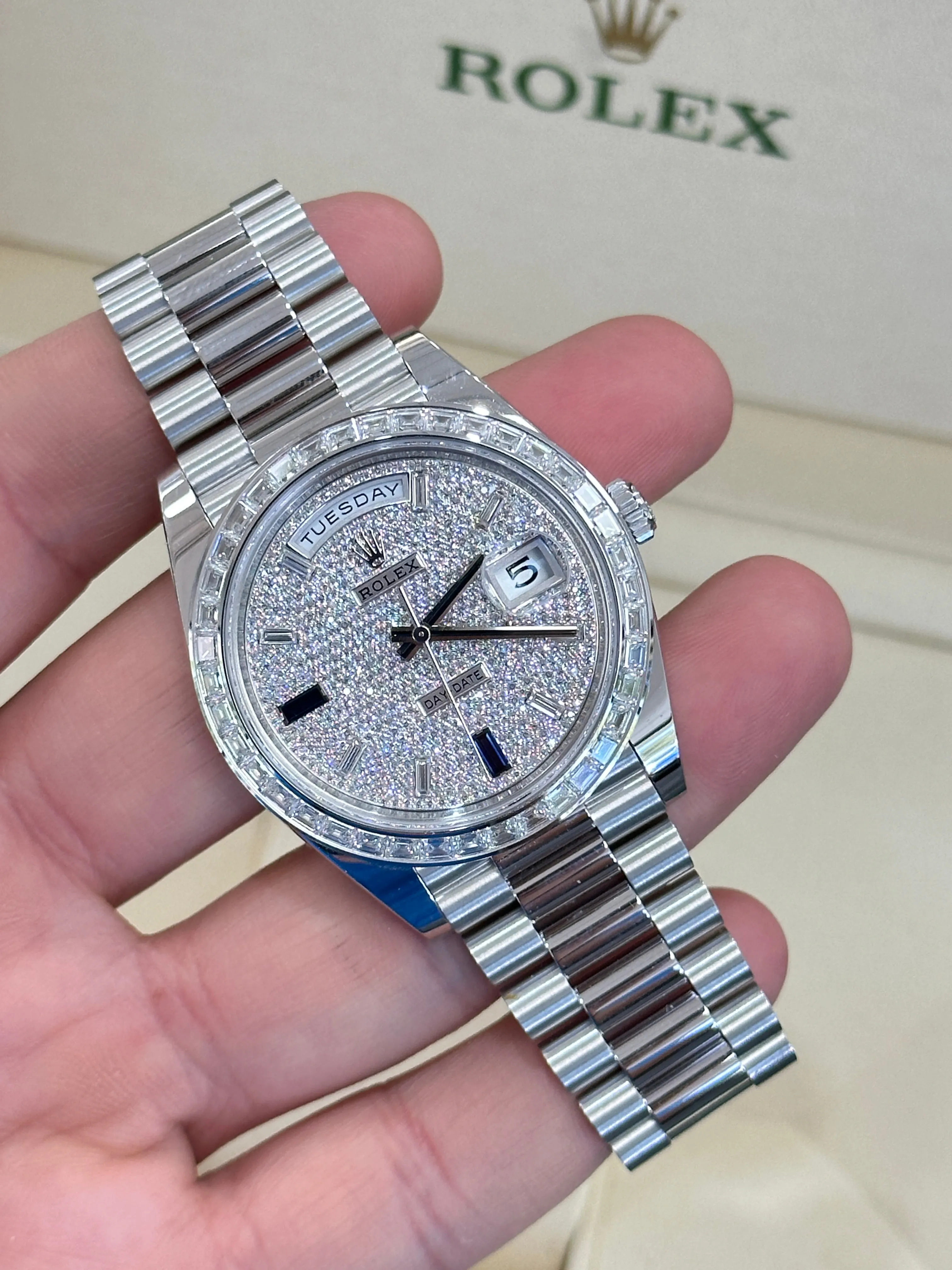 Rolex Platinum Day-Date 40 228396TBR Factory Paved Diamond Sapphire Dial Baguette Diamond Bezel Box/Papers MINT