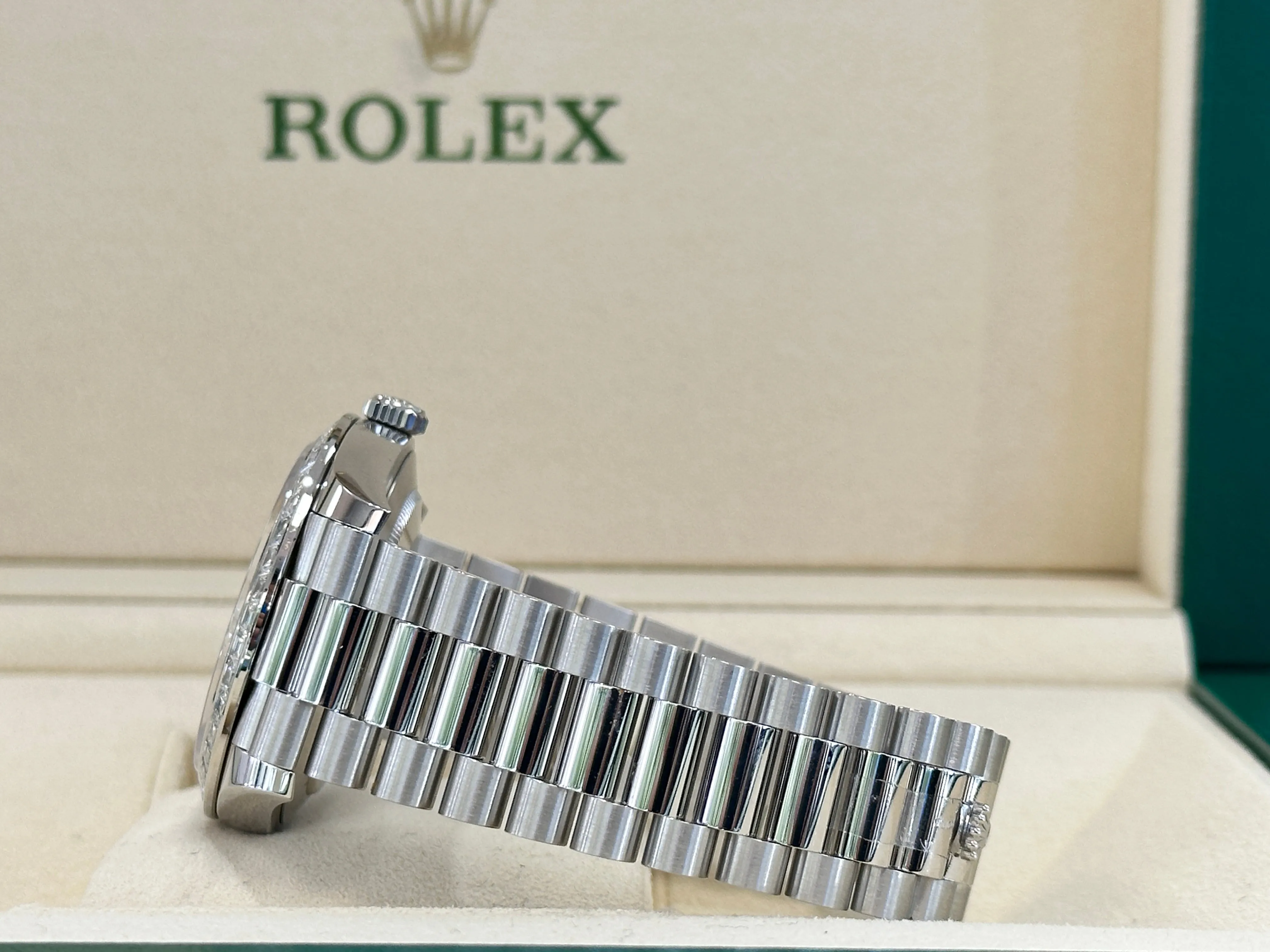 Rolex Platinum Day-Date 40 228396TBR Factory Paved Diamond Sapphire Dial Baguette Diamond Bezel Box/Papers MINT
