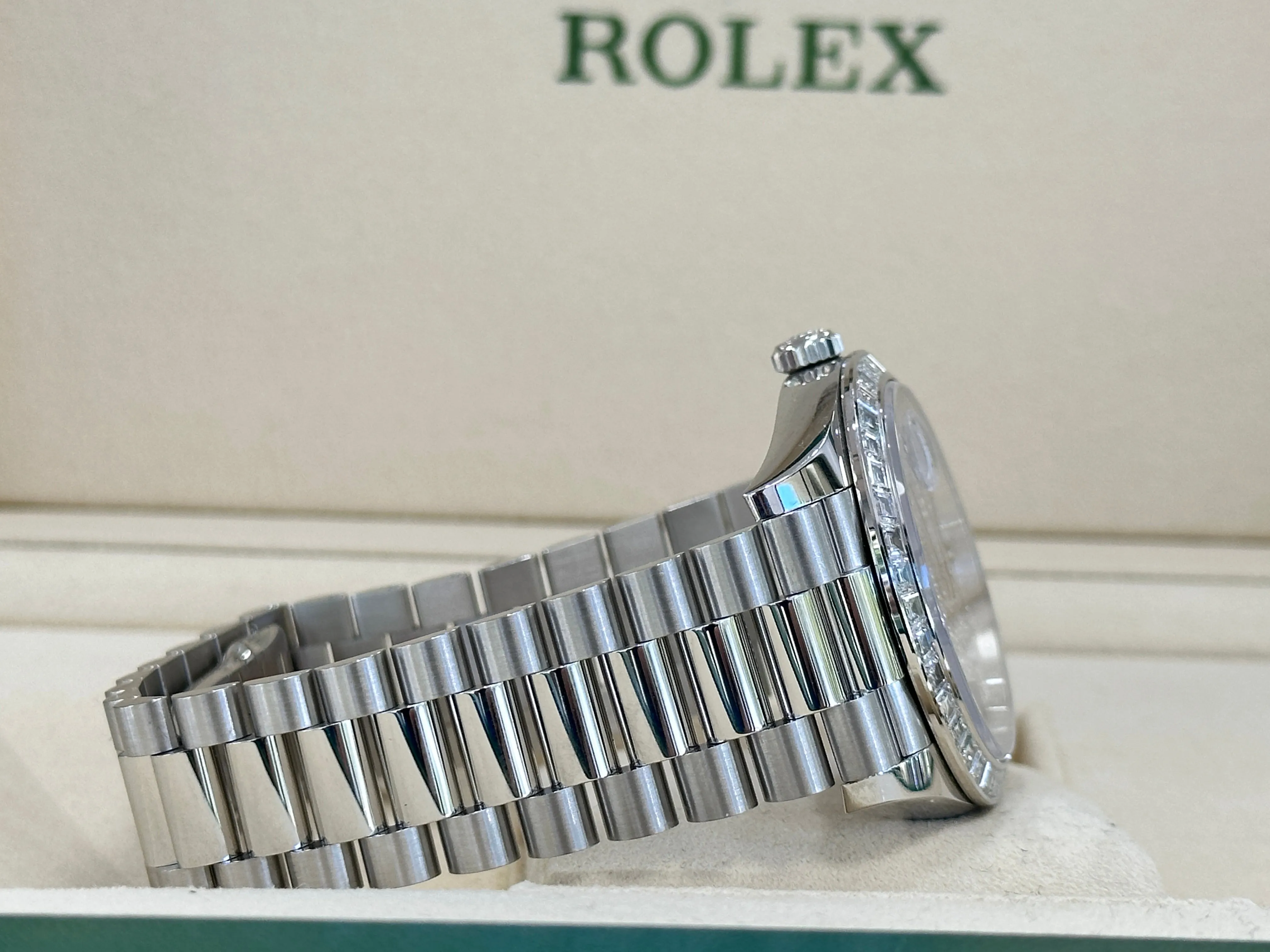 Rolex Platinum Day-Date 40 228396TBR Factory Paved Diamond Sapphire Dial Baguette Diamond Bezel Box/Papers MINT
