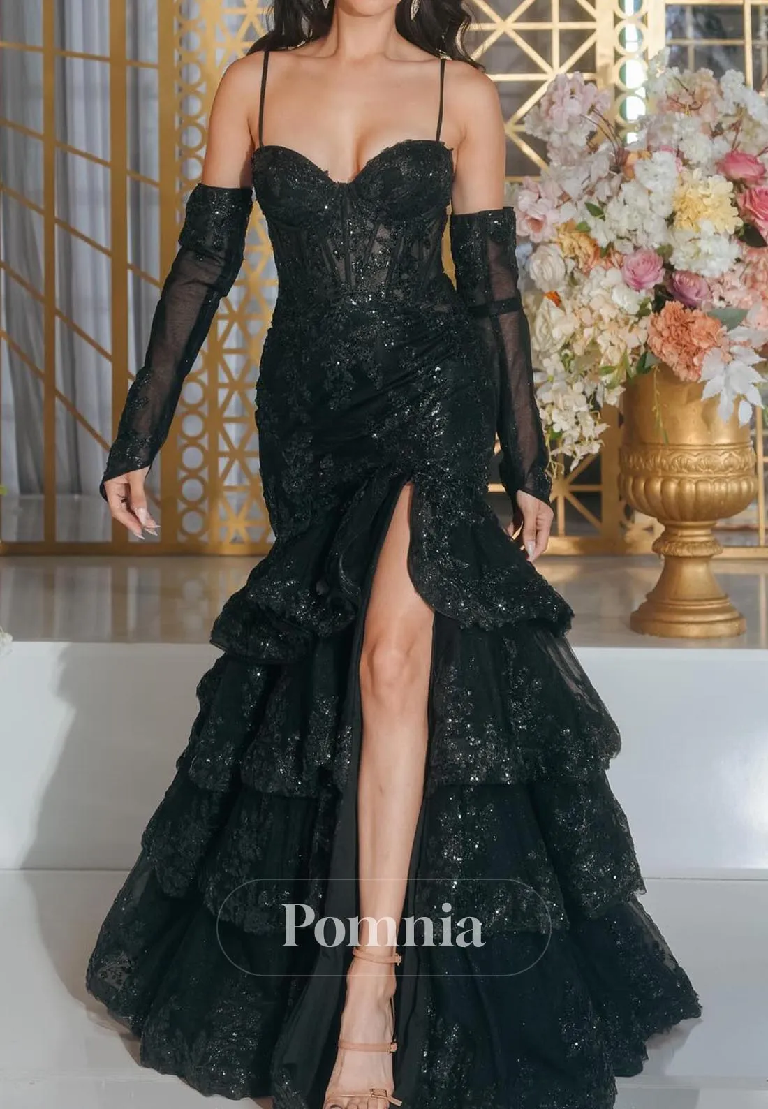 Sparkly Spaghetti Straps V-Neck Ruffles Prom Dress