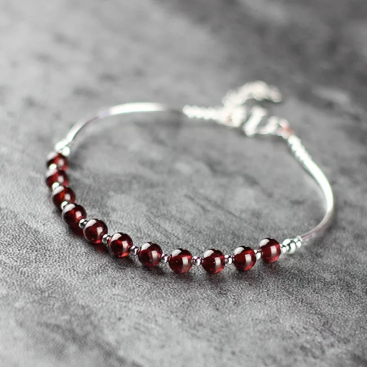 Sterling Silver Garnet Beaded Bracelet Handmade Jewelry January Birthstone for Women