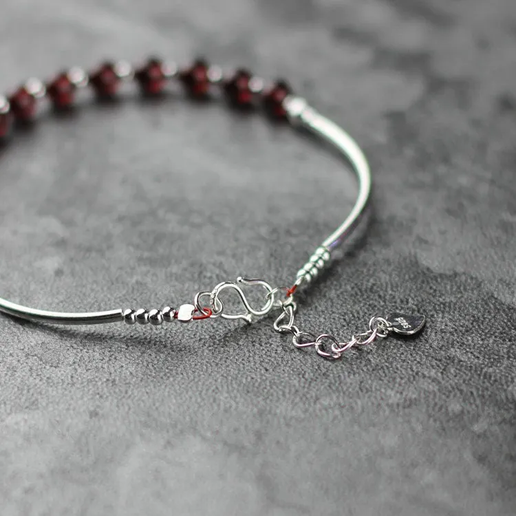 Sterling Silver Garnet Beaded Bracelet Handmade Jewelry January Birthstone for Women