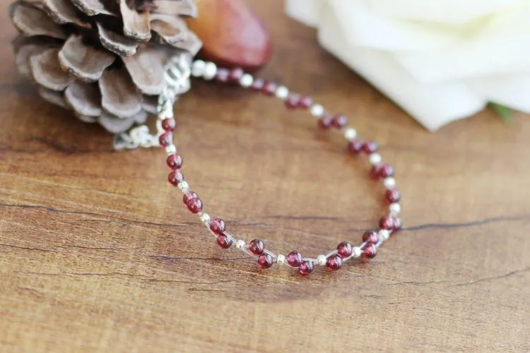 Sterling Silver Garnet Beaded Bracelet Unique Handmade Jewelry for Women