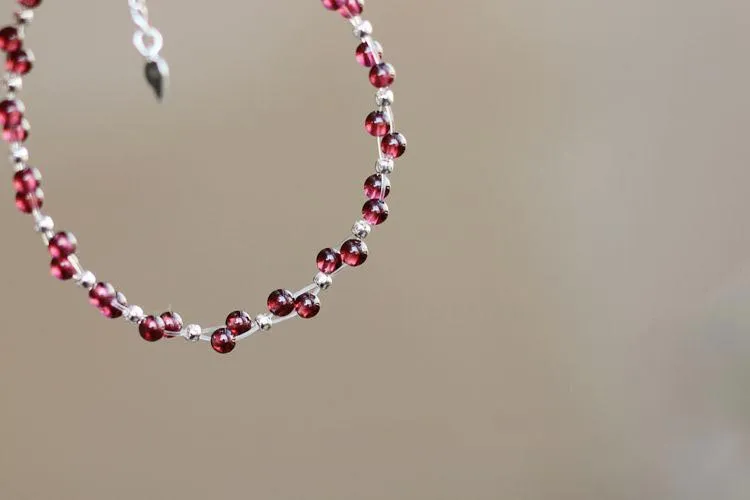 Sterling Silver Garnet Beaded Bracelet Unique Handmade Jewelry for Women
