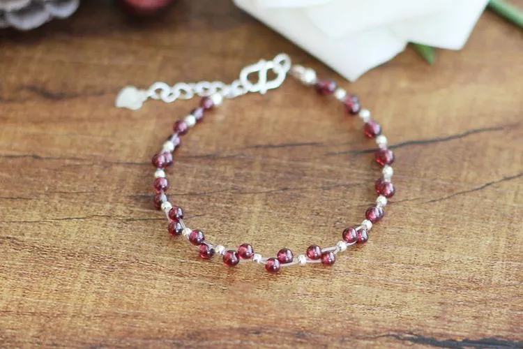 Sterling Silver Garnet Beaded Bracelet Unique Handmade Jewelry for Women