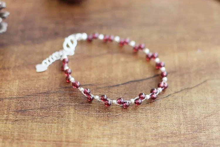 Sterling Silver Garnet Beaded Bracelet Unique Handmade Jewelry for Women