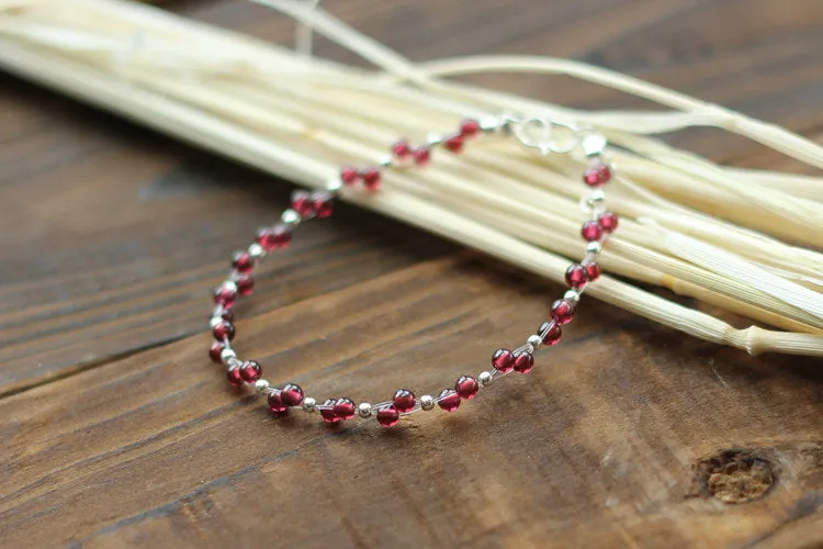 Sterling Silver Garnet Beaded Bracelet Unique Handmade Jewelry for Women