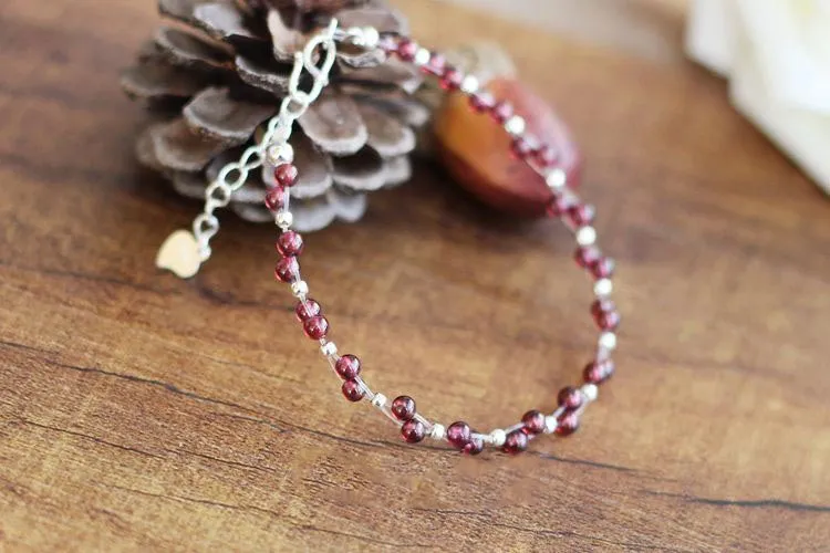 Sterling Silver Garnet Beaded Bracelet Unique Handmade Jewelry for Women