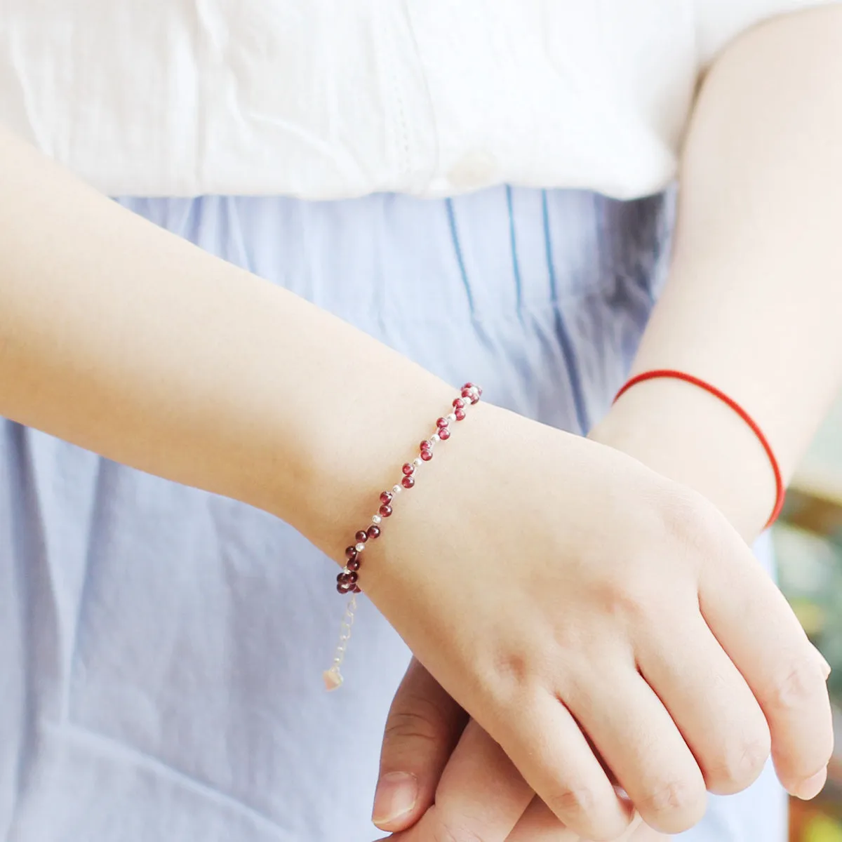 Sterling Silver Garnet Beaded Bracelet Unique Handmade Jewelry for Women