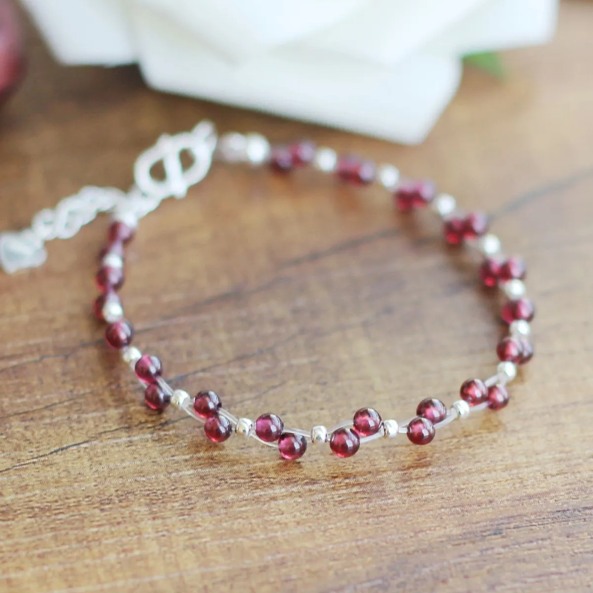 Sterling Silver Garnet Beaded Bracelet Unique Handmade Jewelry for Women