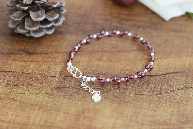 Sterling Silver Garnet Beaded Bracelet Unique Handmade Jewelry for Women