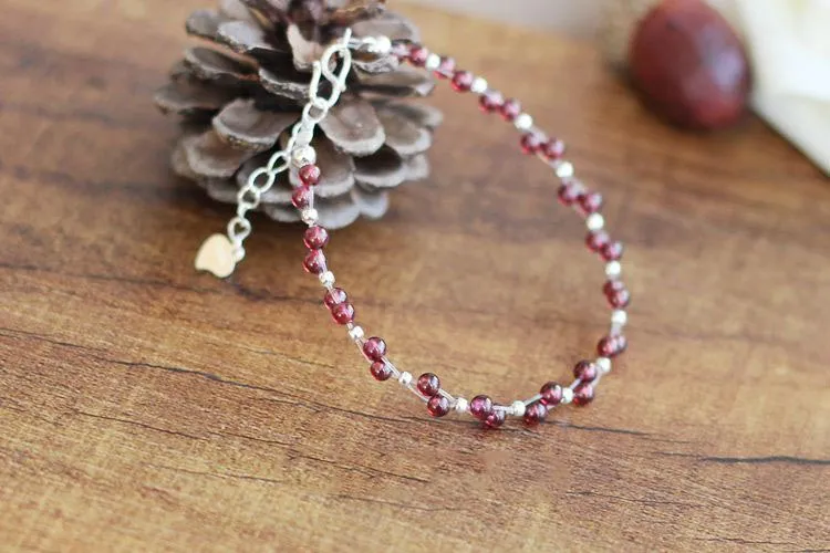 Sterling Silver Garnet Beaded Bracelet Unique Handmade Jewelry for Women