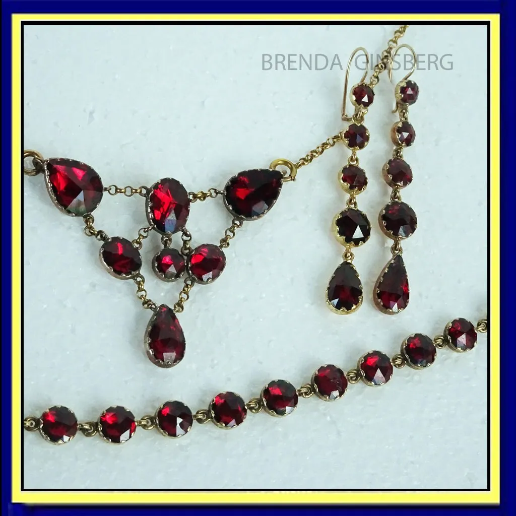 Victorian Earrings Necklace Bracelet 18k Gold Garnets French Jewelry Set (6584)