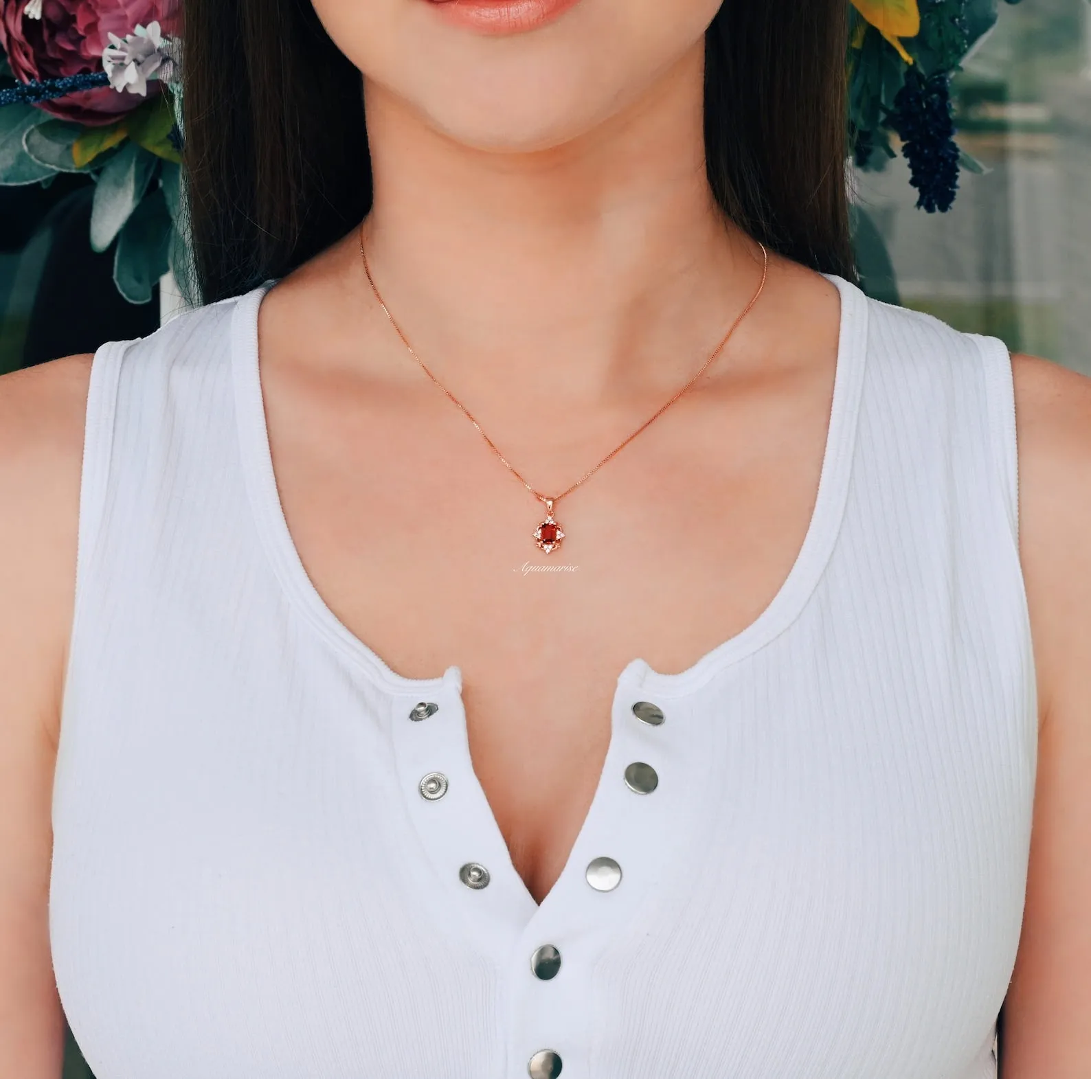 Vintage Natural Red Garnet Necklace- 14K Rose Gold Vermeil