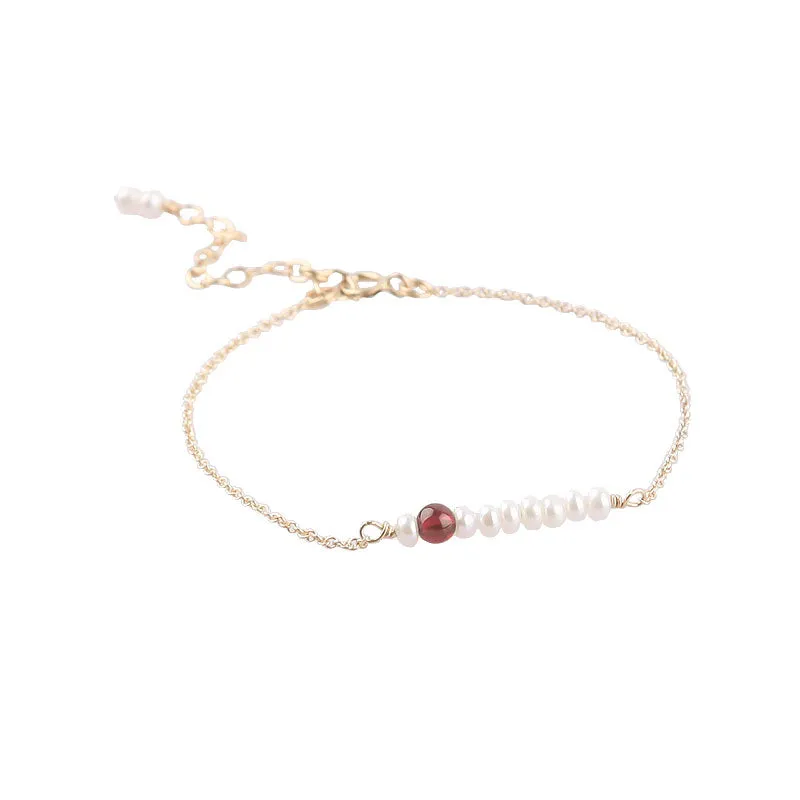 Womens 14K Gold Pearl Garnet Beaded Bracelets Birthstone Jewelry For Women